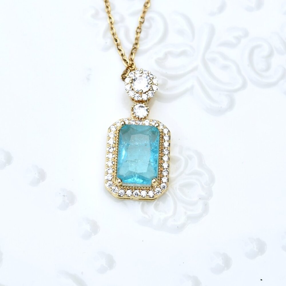 Blue Crystal Rectangle Pendant Necklace - Cubic Zirconia Stainless Steel